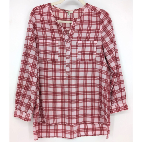 Joie Nepal Red Plaid Windowpane Sheer Blouse French Girl Cottage Chic Size Small - Picture 3 of 8